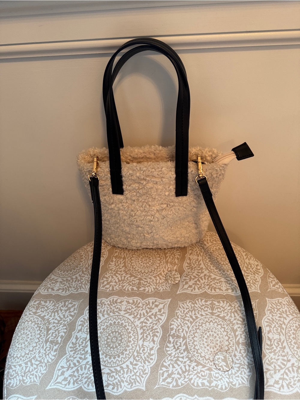 Cream Sherpa Crossbody Tote with Black Handles